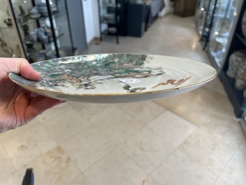 A Chinese famille verte 'Eight Immortals' dish and a pair of famille rose 'butterfly' plates, Guangxu mark, 19th C.