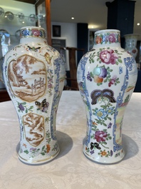 A pair of Chinese Canton famille rose vases and a pair of Dehua blanc de Chine drum-shaped covered jars, 19th C.