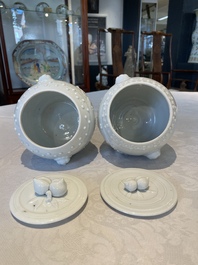 A pair of Chinese Canton famille rose vases and a pair of Dehua blanc de Chine drum-shaped covered jars, 19th C.
