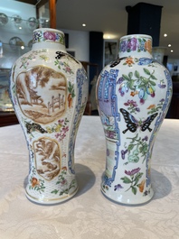 A pair of Chinese Canton famille rose vases and a pair of Dehua blanc de Chine drum-shaped covered jars, 19th C.