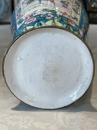A pair of Chinese Canton enamel vases with narrative design, 19th C.