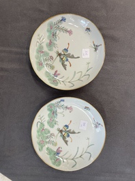 A Chinese famille verte 'Eight Immortals' dish and a pair of famille rose 'butterfly' plates, Guangxu mark, 19th C.