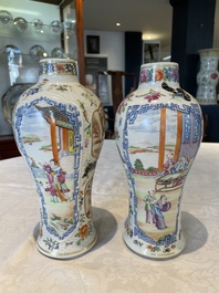 A pair of Chinese Canton famille rose vases and a pair of Dehua blanc de Chine drum-shaped covered jars, 19th C.