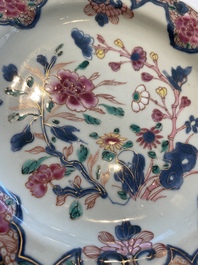 Two sets of six Chinese famille rose plates with peonies, Yongzheng/Qianlong