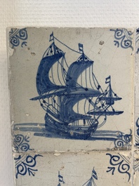 A fine set of 9 blue and white Dutch Delft tiles with ships, 17th C.