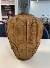 A Chinese painted pottery stick man figure and a pottery 'zodiac' offering vessel, Han/Song