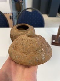 A Chinese painted pottery stick man figure and a pottery 'zodiac' offering vessel, Han/Song