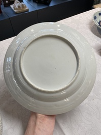A Chinese ge-type brush washer, a pair of pink bowls, two plates and a saucer, Kangxi and later