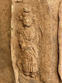 A Chinese painted pottery stick man figure and a pottery 'zodiac' offering vessel, Han/Song