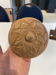 A Chinese painted pottery stick man figure and a pottery 'zodiac' offering vessel, Han/Song