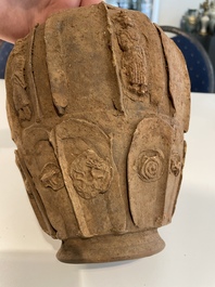 A Chinese painted pottery stick man figure and a pottery 'zodiac' offering vessel, Han/Song