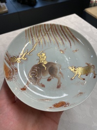A pair of Chinese iron-red saucers and two plates, Kangxi/Yongzheng