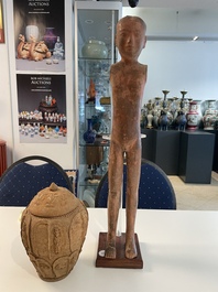 A Chinese painted pottery stick man figure and a pottery 'zodiac' offering vessel, Han/Song