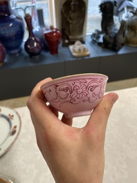 A Chinese ge-type brush washer, a pair of pink bowls, two plates and a saucer, Kangxi and later