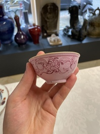A Chinese ge-type brush washer, a pair of pink bowls, two plates and a saucer, Kangxi and later