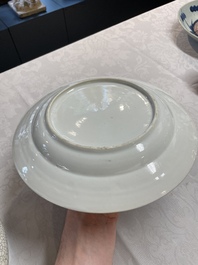 A Chinese ge-type brush washer, a pair of pink bowls, two plates and a saucer, Kangxi and later