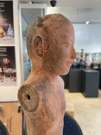 A Chinese painted pottery stick man figure and a pottery 'zodiac' offering vessel, Han/Song