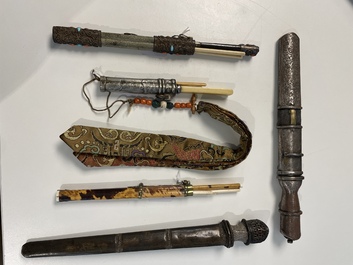 A varied collection of Chinese and Japanese eating set trousses, a Tibetan 'kapala' and two daggers, 18/19th C.