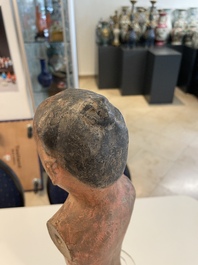 A Chinese painted pottery stick man figure and a pottery 'zodiac' offering vessel, Han/Song