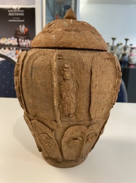 A Chinese painted pottery stick man figure and a pottery 'zodiac' offering vessel, Han/Song