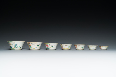 A set of seven Chinese famille rose nesting bowls with narrative design, Daoguang