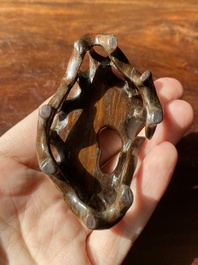 A fine Chinese white jade Buddha's hand on wooden stand, Qing