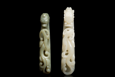 Two Chinese white and celadon jade belt hooks, Qing