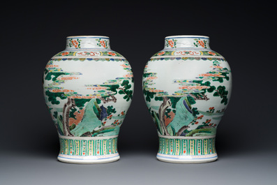 A pair of Chinese famille verte 'Shou Lao' vases, Kangxi