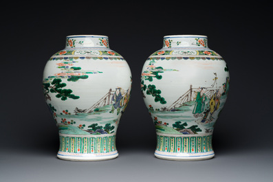 A pair of Chinese famille verte 'Shou Lao' vases, Kangxi