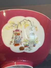 A Chinese famille rose ruby-ground 'antiquities' bowl, Jiang Xi Ci Ye Gong Si mark, Republic