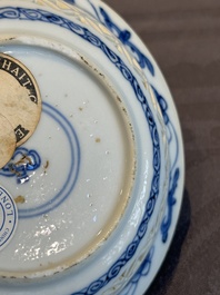 A Chinese blue and white reticulated double-walled cup and saucer, lingzhi mark, Kangxi
