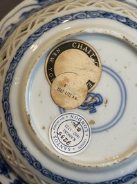 A Chinese blue and white reticulated double-walled cup and saucer, lingzhi mark, Kangxi