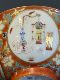 A Chinese famille rose coral-red-ground 'antiquities' bowl, Yongzheng mark, Republic