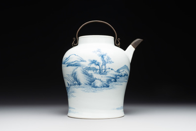 A fine Chinese blue and white 'Bleu de Hue' 'landscape' ewer with bronze mount, Chenghua mark, 18/19th C.