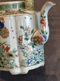 A Chinese famille verte 'flower and butterfly' teapot with an upright handle, Kangxi