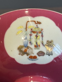 A Chinese famille rose ruby-ground 'antiquities' bowl, Jiang Xi Ci Ye Gong Si mark, Republic