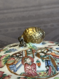 A pair of Chinese Canton famille rose two-handled bowls and covers with narrative design, Daoguang mark and of the period