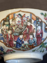 A pair of Chinese Canton famille rose two-handled bowls and covers with narrative design, Daoguang mark and of the period