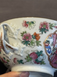 A pair of Chinese Canton famille rose two-handled bowls and covers with narrative design, Daoguang mark and of the period