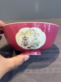 A Chinese famille rose ruby-ground 'antiquities' bowl, Jiang Xi Ci Ye Gong Si mark, Republic