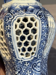 A Chinese blue and white reticulated double-walled vase, Kangxi