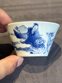 Two Chinese blue and white cups and three saucers with figural design, Kangxi and later