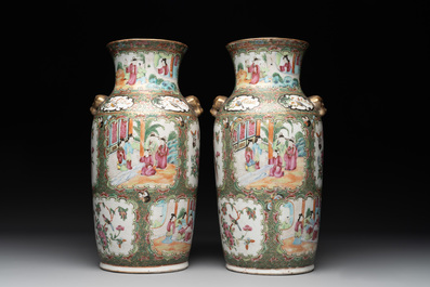 Two Chinese Canton famille rose vases mounted as lamps, a pair of vases and a bronze-mounted bowl, 19th C.