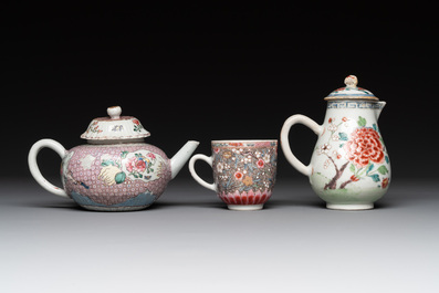 A Chinese famille rose dish, a teapot, a milk jug and a cup, Yongzheng/Qianlong