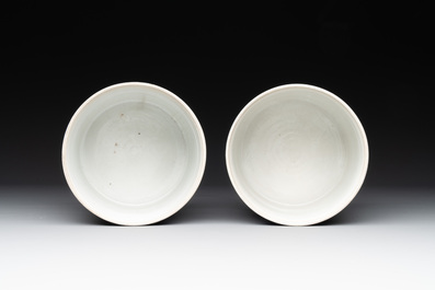 A pair of Chinese powder blue-ground famille verte vessels with a bird in a garden, Kangxi