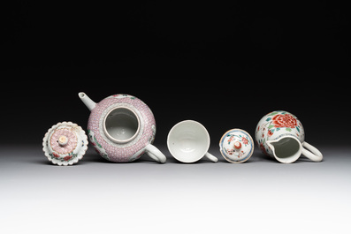 A Chinese famille rose dish, a teapot, a milk jug and a cup, Yongzheng/Qianlong