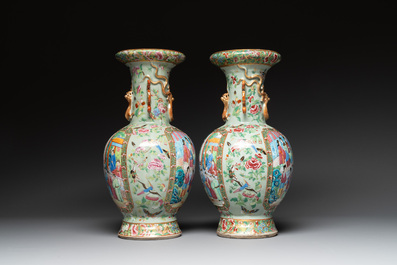 A pair of Chinese Canton famille rose celadon-ground 'court scene' vases, 19th C.