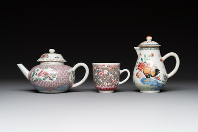 A Chinese famille rose dish, a teapot, a milk jug and a cup, Yongzheng/Qianlong