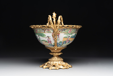 Two Chinese Canton famille rose vases mounted as lamps, a pair of vases and a bronze-mounted bowl, 19th C.