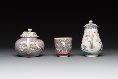 A Chinese famille rose dish, a teapot, a milk jug and a cup, Yongzheng/Qianlong